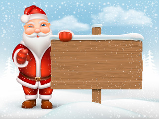 Wall Mural - Santa Claus holding a wooden signpost on the background of the snow drifts.