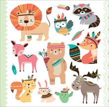 Set Of Cute Tribal Animals In Cartoon Style