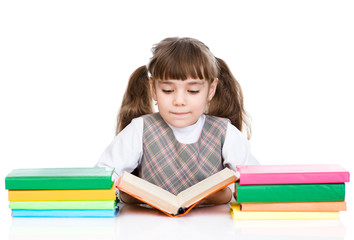 Fototapete - small girl reading book. isolated on white background