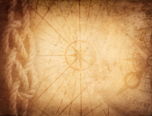 Fototapete - Compass, rope on vintage map. Adventure, travel, stories background. 