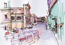 Marker Drawing Of Rome Italy Street Landscape, Urban Sketch