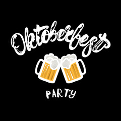 Wall Mural - Oktoberfest party hand written lettering poster with beer mugs.