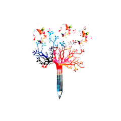 colorful pencil tree vector illustration with butterflies. design for creative writing and creation,