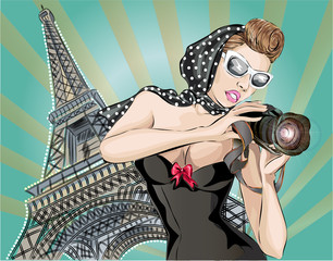 Wall Mural - Pin-up sexy woman in black dress takes pictures on camera near Eiffel Tower in Paris. Pop Art vector