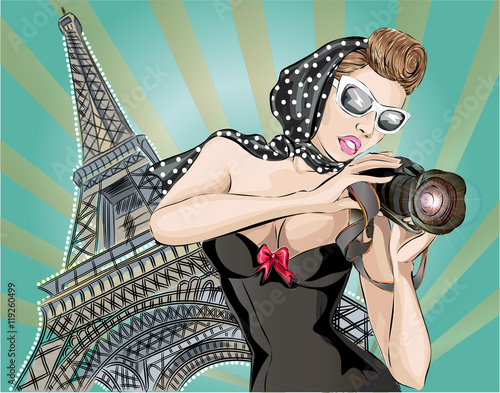 Naklejka na kafelki Pin-up sexy woman in black dress takes pictures on camera near Eiffel Tower in Paris. Pop Art vector