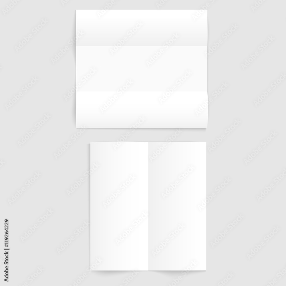 Two Blank white folded paper templates on gray background with shadow