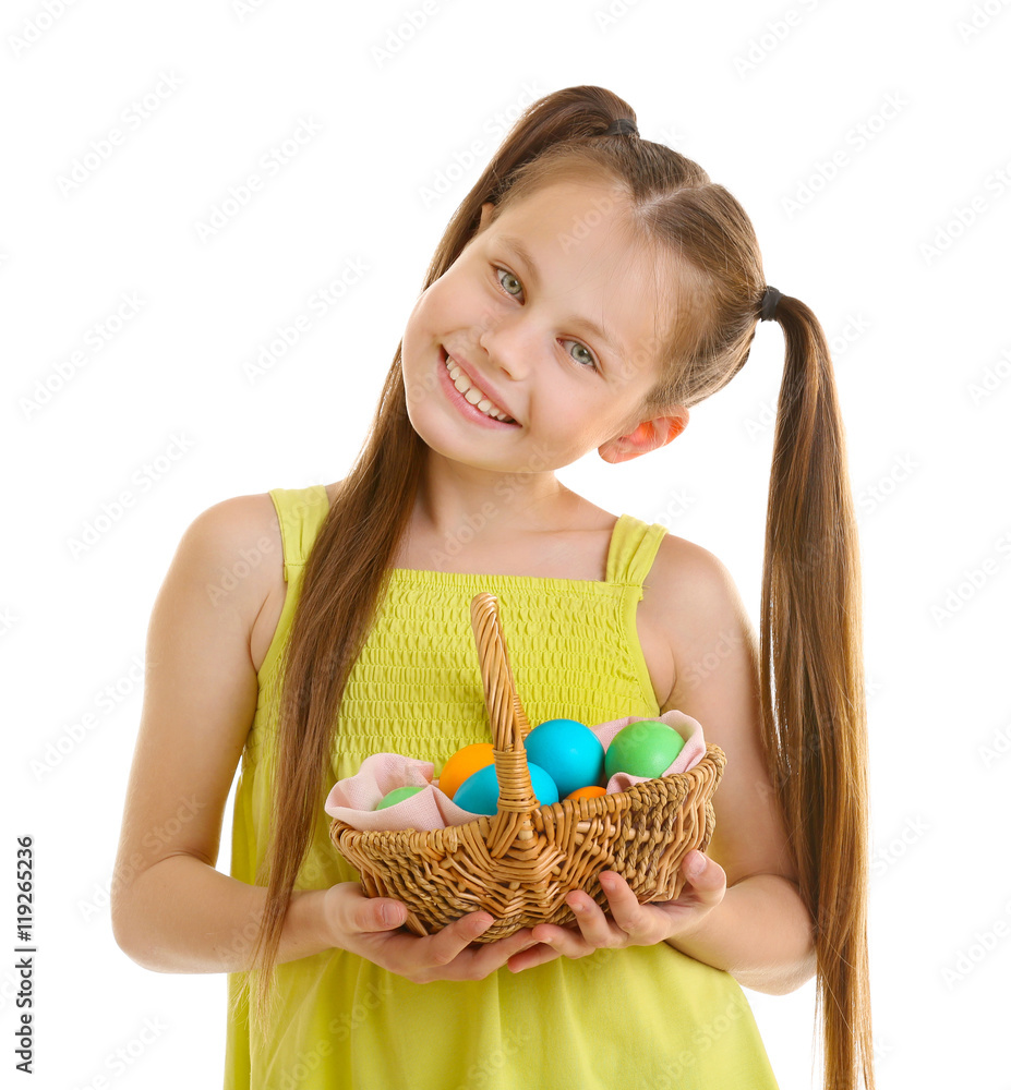 Cute girl with Easter eggs, isolated on white