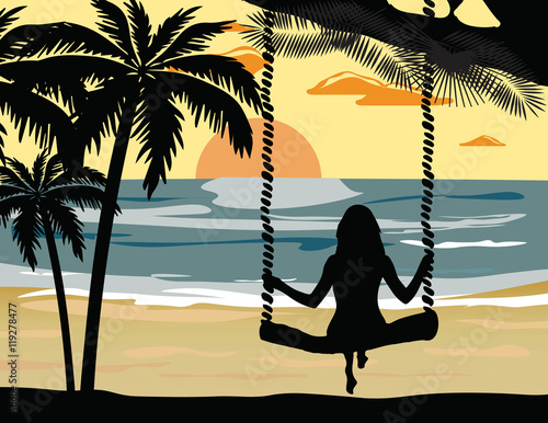 Plakat na zamówienie Summer Sunset Beach Vector with silhouette woman