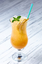 Sweet Drink With Fruit And Syrup. Delicious Smoothies From Pears.