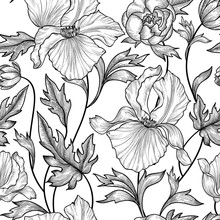 Floral Seamless Pattern. Flower Background. Floral Ornamental Engraving With Iris Flowers. Spring Flourish Garden