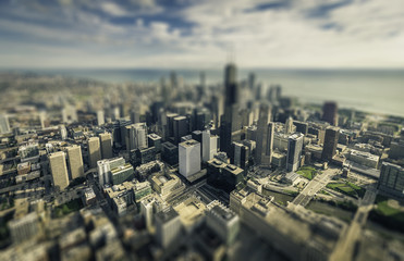 Poster - Chicago downtown skyscrapers aerial view. Tilt shift effect