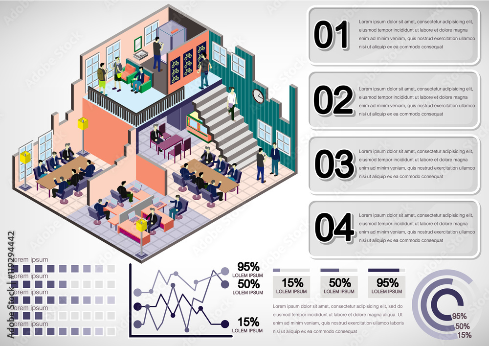 illustration of info graphic interior room concept in isometric graphic ...