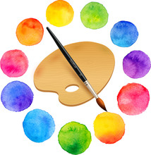 Watercolor Painted Rainbow Colors Circles With Brush And Wooden Palette