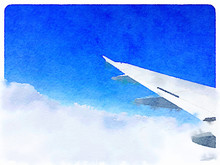 Digital Watercolor Painting Background Of White Clouds And An Airplane Wing In The Blue Sky With Space For Text.