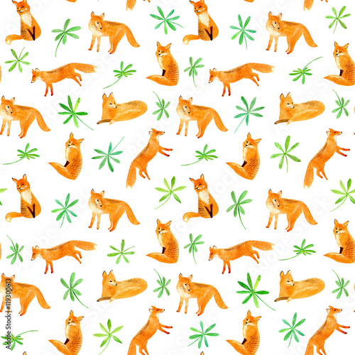 Materiał do szycia Fox i rośliny wzór. Akwarela ilustracja. Białe tło.