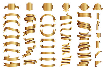 Wall Mural - Banner vector icon set gold color on white background. Ribbon isolated shapes illustration of gift and accessory. Christmas sticker and decoration for app and web. Label, badge and borders collection.