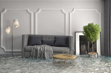 Interior Of The House Flooded With Water. 3d Illustration