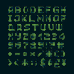 Pixel font in 4x5 pixel grid, numbers and letters. - Stock vector