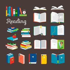 Wall Mural - Reading book vector cartoon icons set. School and hand books, library books stack vector illustration
