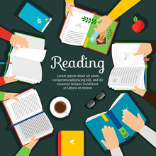 Reading Club. Open Books On Table With Hands Top View Vector Illustration