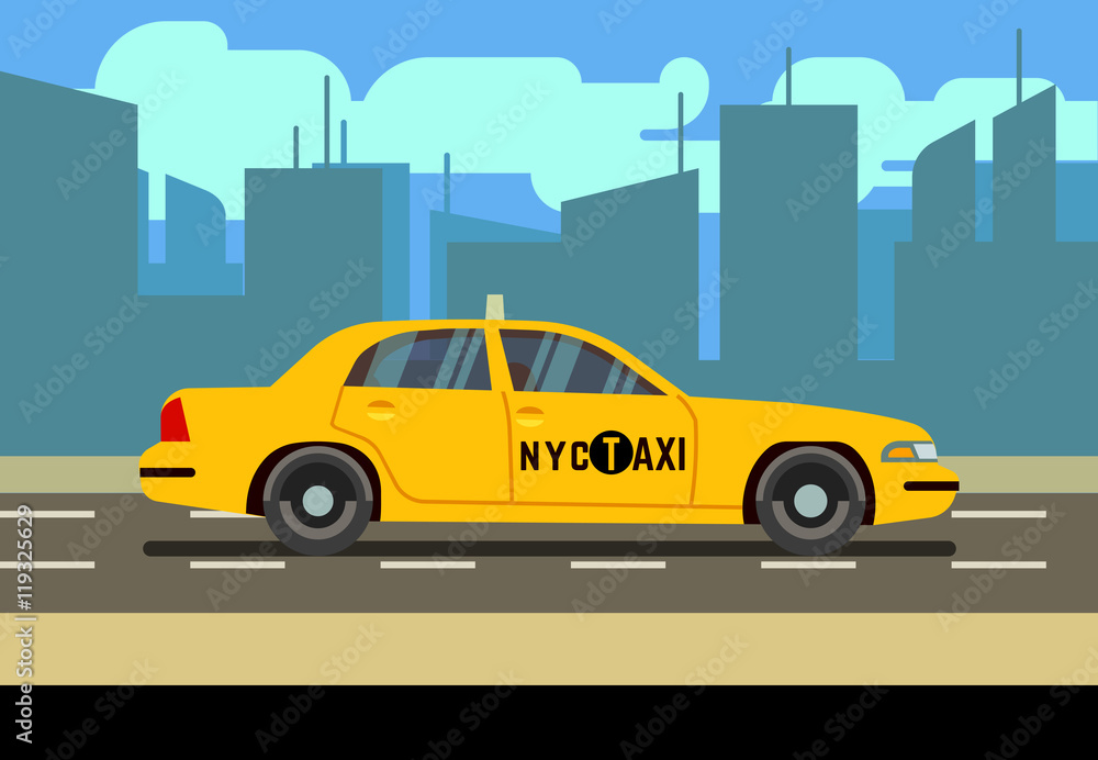 Door Stickers Yellow Car Taxi Cab In Cityscape Vector Illustration