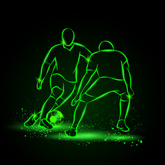 Wall Mural - Two soccer players fighting for the ball. Forward and defender playing football. Sport vector neon illustration.