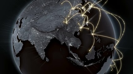 Growing global network across the world. Internet and business concept. Global communication. Orange version. 4K 