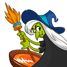 Ugly Halloween Witch Preparing A Potion. Vector Illustration Of A Cartoon Witch Stirring Her Spooky Brew Isolated