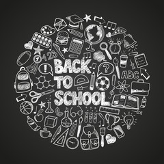 Back to School - sketch doodle set. Various hand-drawn school items arranged as circle on a background blackboard. Vector illustration