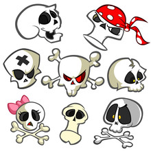 A Collection Of Vector Cartoon Skulls In Various Styles. Skull Icons. Halloween Elements For Party Decoration