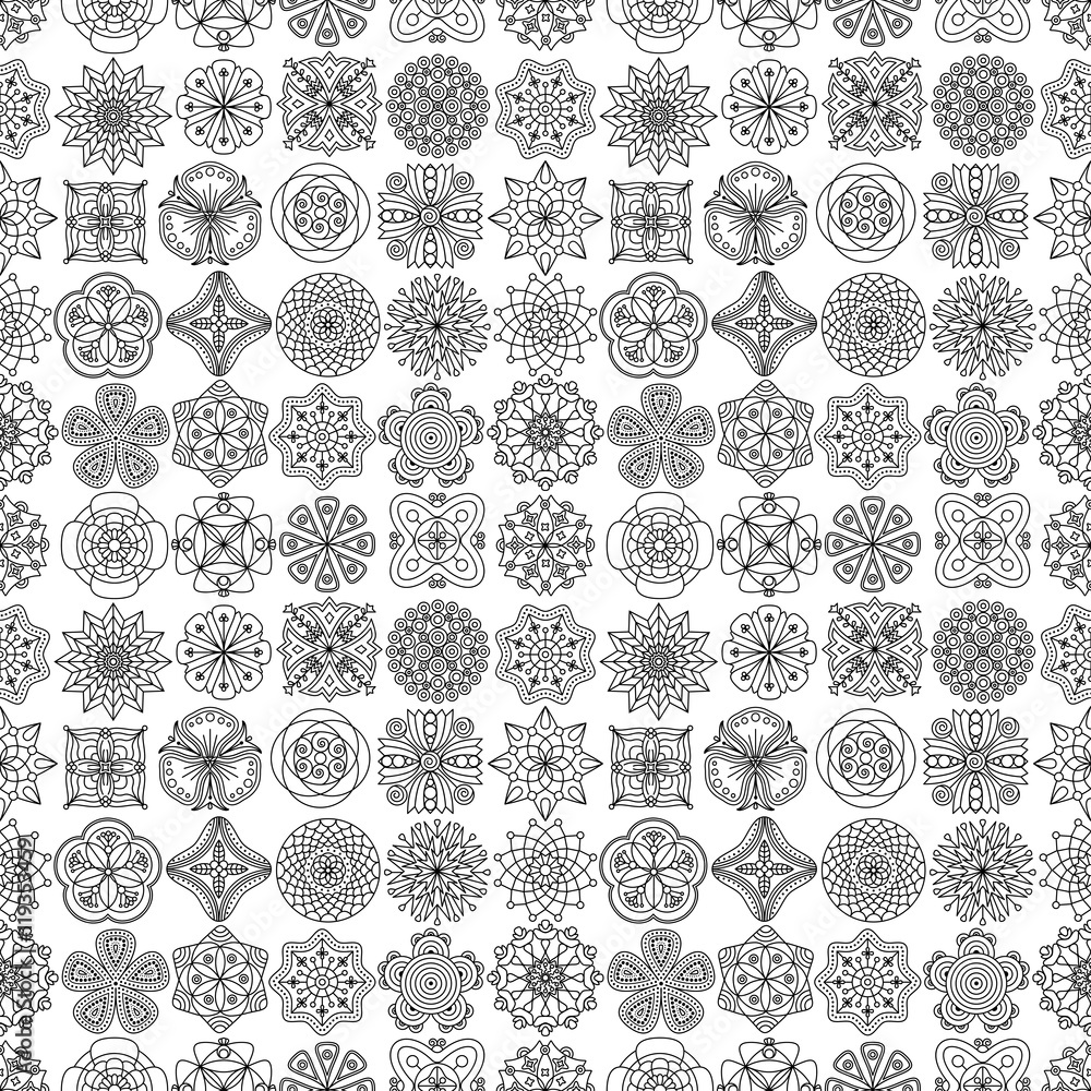 Seamless pattern of doodle flower mandalas in black and white. Floral ...