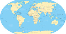 World Map With Shorelines, National Borders, Oceans And Seas Under The Robinson Projection. English Labeling. Illustration.