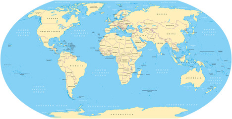 Wall Mural - world map with shorelines, national borders, oceans and seas under the robinson projection. english 