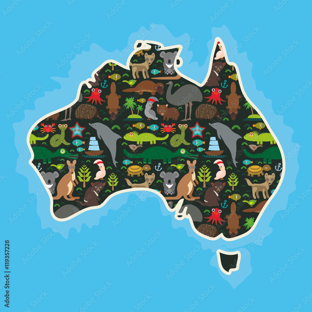 map of Australia. Echidna Platypus ostrich Emu Tasmanian devil Cockatoo ...