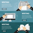 Vector flat horizontal banners of writing for website. Business concept of writer profession and copywriting freelance work. Set of hands with document and paper.