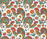Vector seamless pattern with ornate floral roosters and flowers