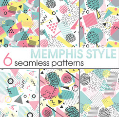 Set of six seamless patterns in memphis style