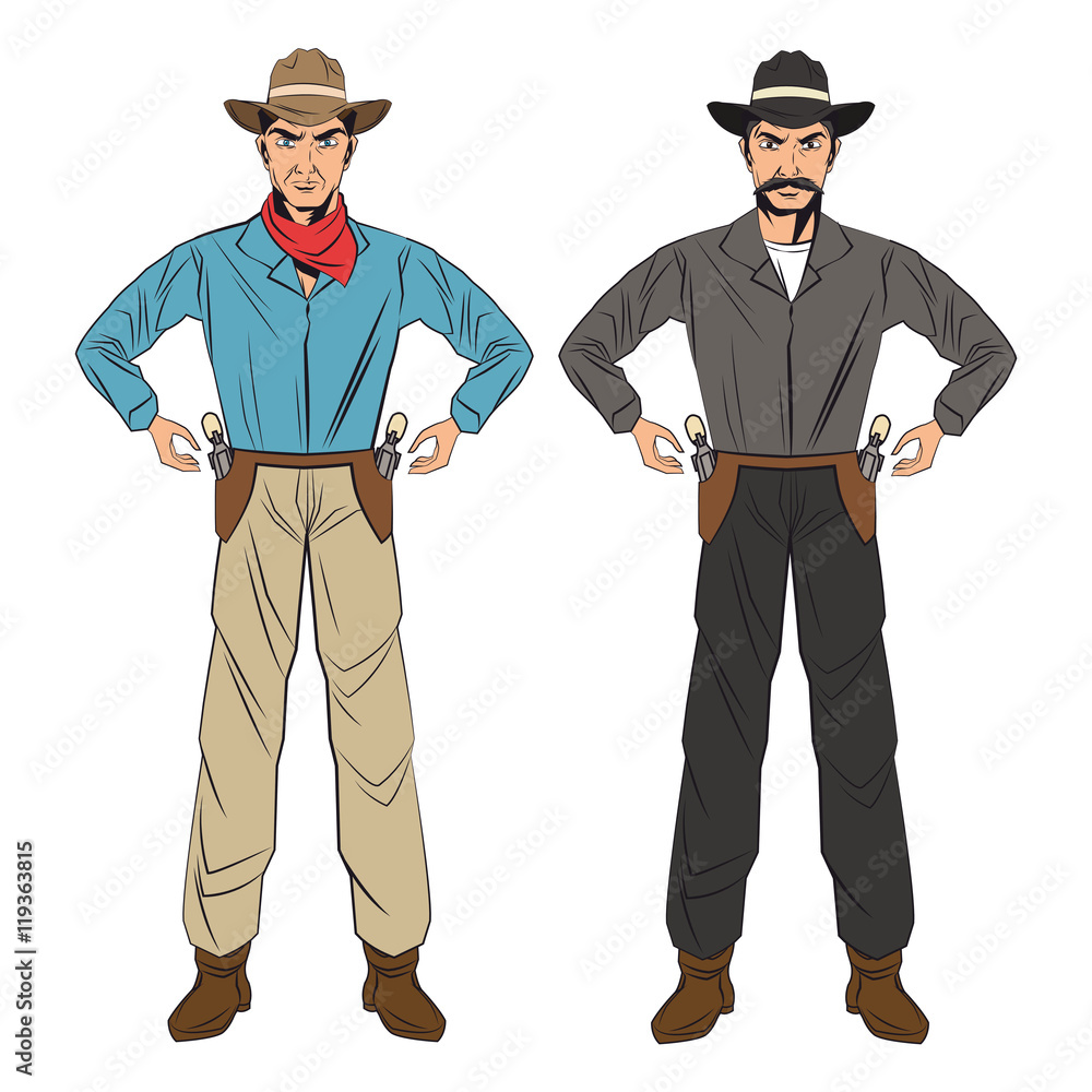 Cowboy man gun revolver pop art comic cartoon icon. Colorful and ...