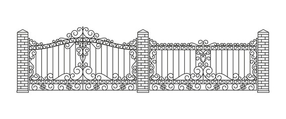 Forged gates and fences set.  Linear design. Vector outline illustration isolated on white.