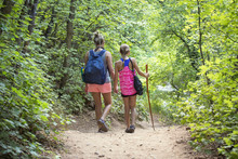 Family Hiking Together In The Woods. Mother And Daughter Holding Hands As They Walk Together