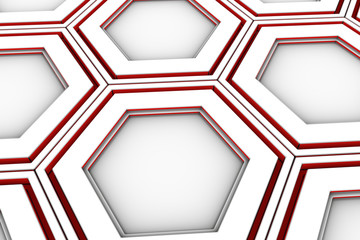 Abstract background made of white hexagons with red glowing sides, wall of hexagons, 3d render illustration