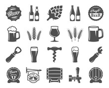 Beer, Brewing, Ingredients, Consumer Culture. Set Of Black Icons