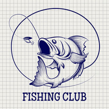 Hand Drawn Fishing Club Logo. Ball Pen Sketch Imitation Vector