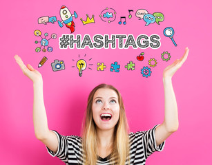 Wall Mural - Hashtags concept with young woman