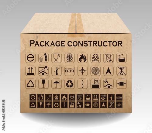 vector package box isolated on white packaging symbols icon set including waste recycling fragile flammable this side up handle with care keep dry and others vector illustration buy this stock vector vector package box isolated on white
