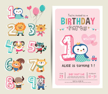 Birthday Anniversary Numbers With Cute Animals & Birthday Party Invitation Card Template