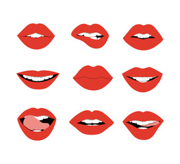 Wall Mural - Red lips set on white background. Sexy and glamour red lips for body expression. Concept of romantic holiday or valentines day.