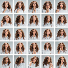 The collage from different woman emotions on gray background