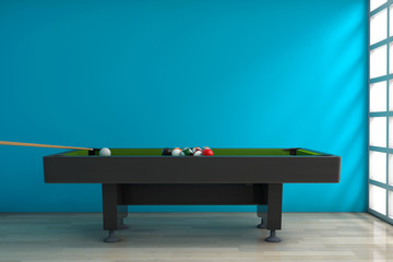 Billiard Table with Balls Set and Cue. 3d Rendering