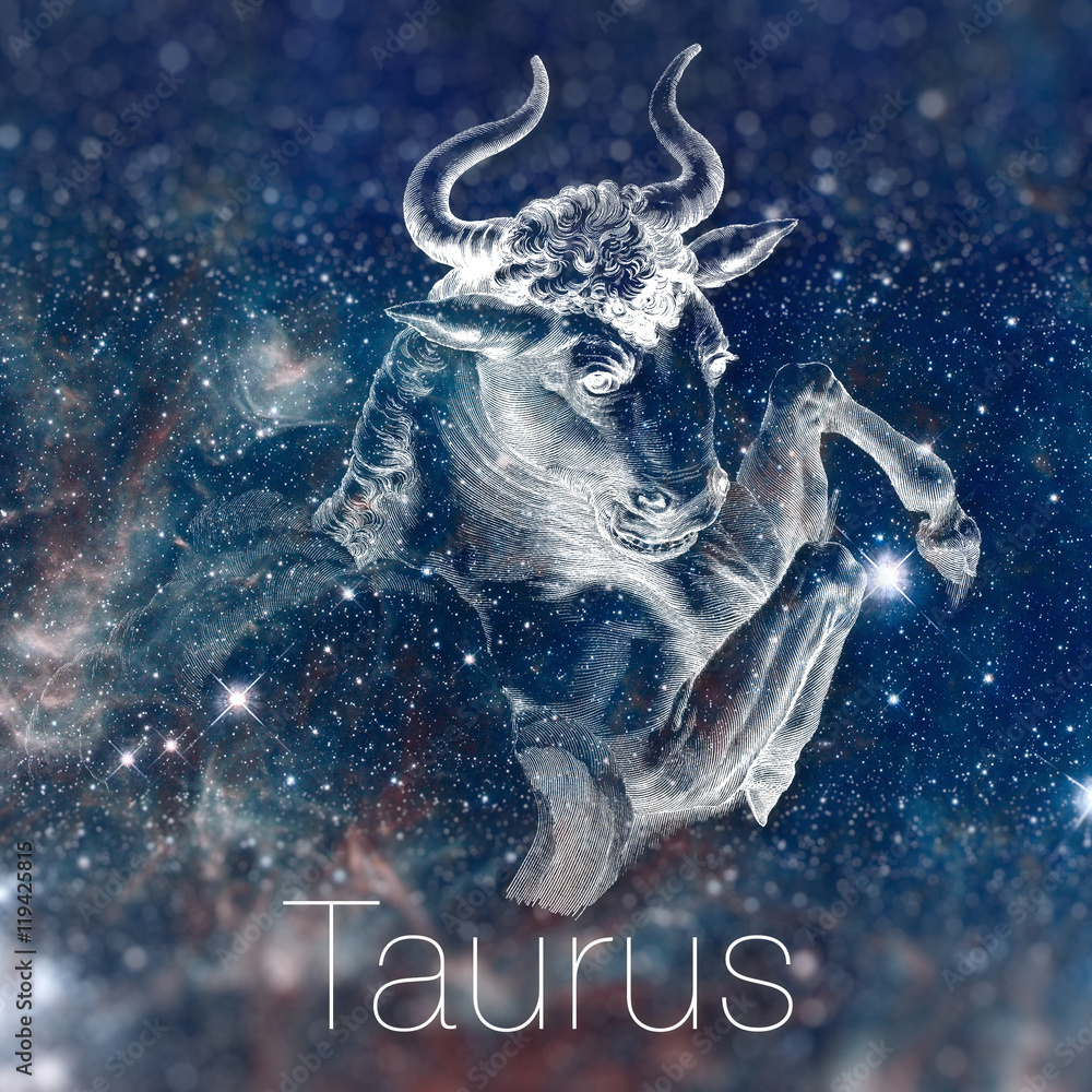 Astrological zodiac sign - Taurus. Vintage astrological drawing. Galaxy sky on the background. Can be used for horoscopes. Elements of this image furnished by NASA. - obrazy, fototapety, plakaty 